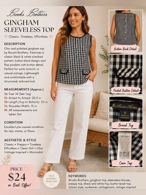 Brooks Brothers Navy and White Gingham Top